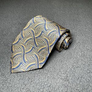 Jhane Barnes 100% Silk Necktie Geometric Striped Blue Gold Hand Made